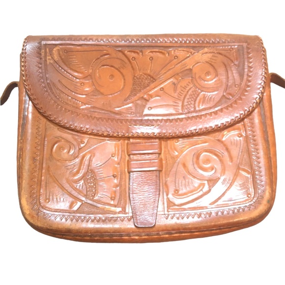 Handmade Leather Handbag Brown Adjustable Strap Hand Tooled - Picture 2 of 6
